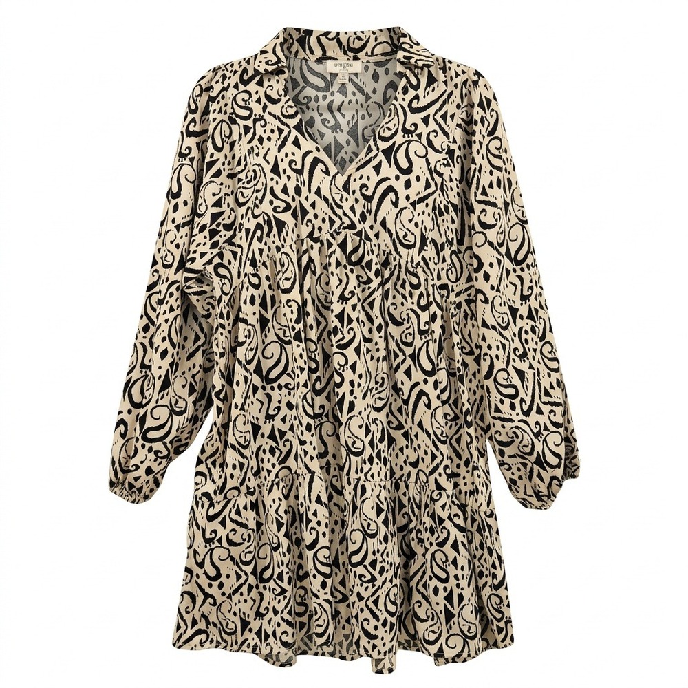 Umgee USA Womens Medium Cream Black Abstract Paisley Tiered Mini Dress B8180